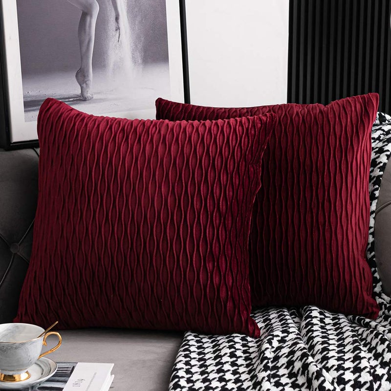 DEZENE Burgundy 16 x 16 Inch Throw Pillow Covers: 2 Pack Inch Original Striped Velvet Square Decorative Pillow Cases for Farmhouse Couch - Image 3